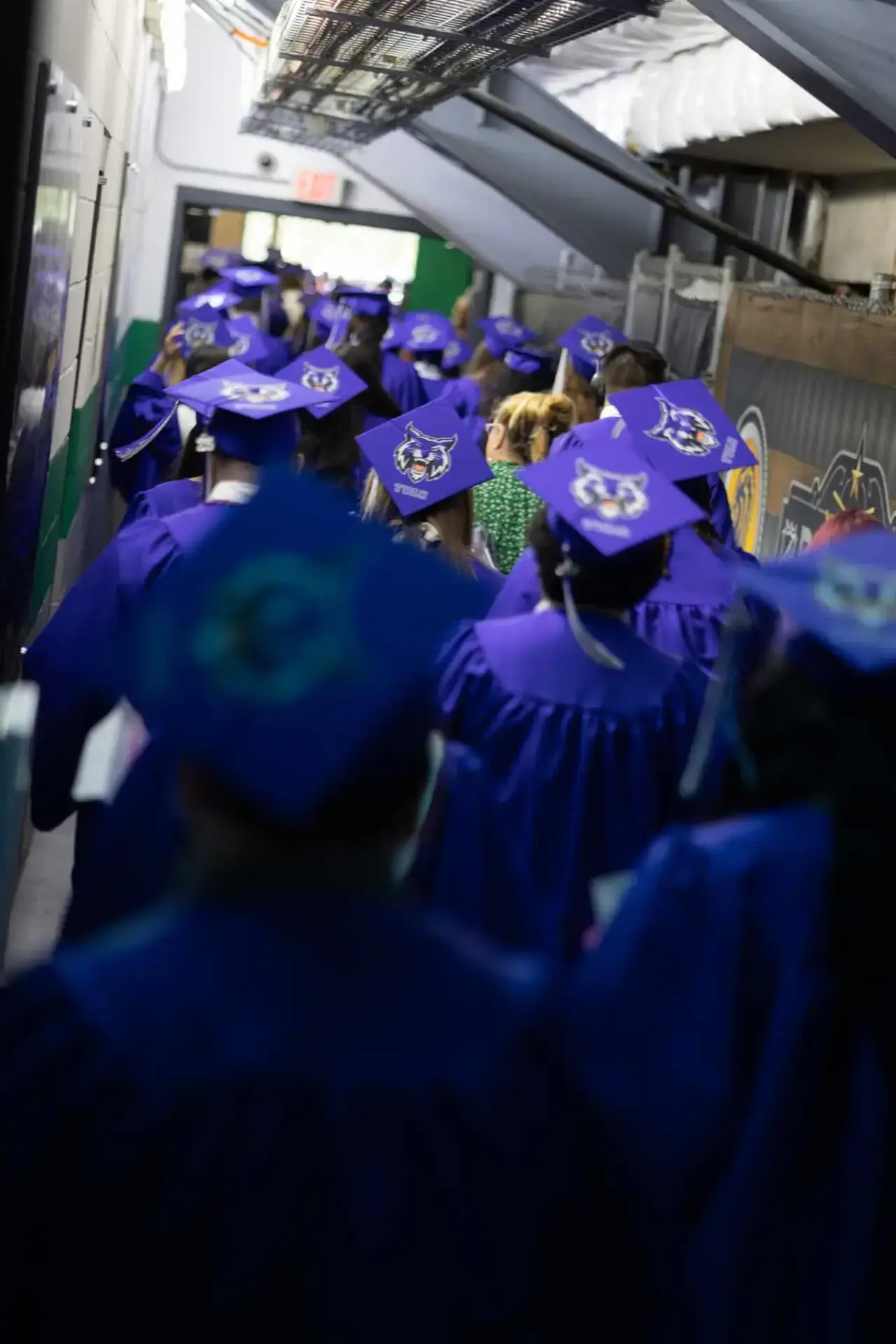 Graduados con togas moradas y birretes caminan por un pasillo, con la expectación en el aire. Las gorras, con diseños personalizados, añaden un tono festivo.